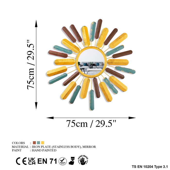 Wallity Mirror Sun 2 Espejo Decorativo 75x75x4 cm Metal Hecho a Mano